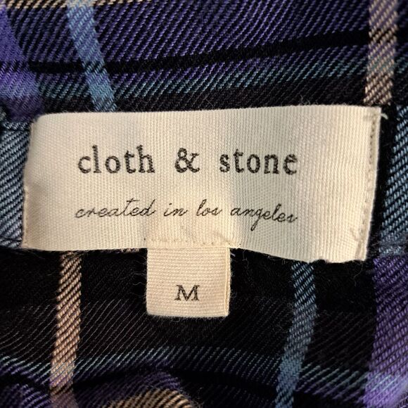 Cloth & Stone Womens Blue Plaid Striped Button Up Shirt w/Fringe Hem Medium - Picture 5 of 6